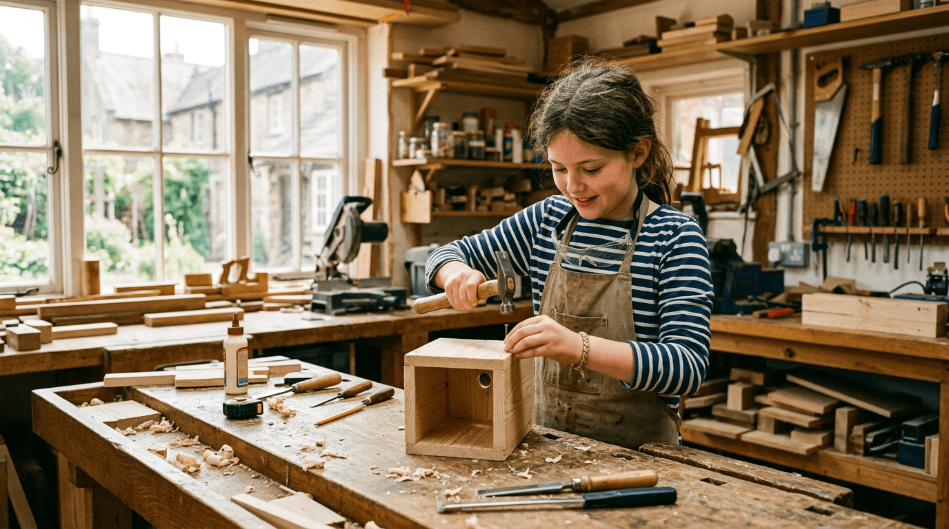 A child engaged in building a project with real tools and materials