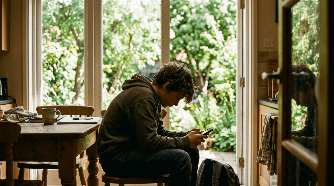 A teenager absorbed in their phone, oblivious to the world outside the window behind them