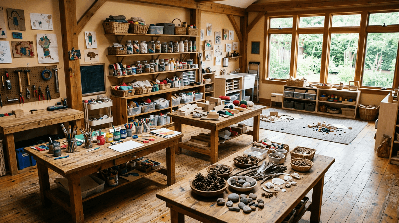 The Freeform Studio space, open and warm, filled with varied materials and natural light